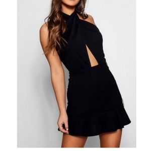 Cross front black mini dress